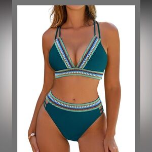 Blooming Jelly Womens High Waisted Bikini Sets Color Block Swimsuit Crisscross